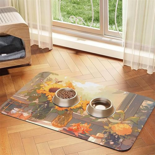 Sunflowers under the windowsill Pet Water Absorbent Faux Leather Feeding Mat 40x60cm Non Slip Durable Mat for Cat and Dog Bowls