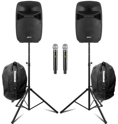 Vonyx VPS102A 10 Active PA Speaker System with Bluetooth, Dual Wireless Microphones, Speaker Stands & Protective Carry Bags - Complete DJ & Karaoke Setup