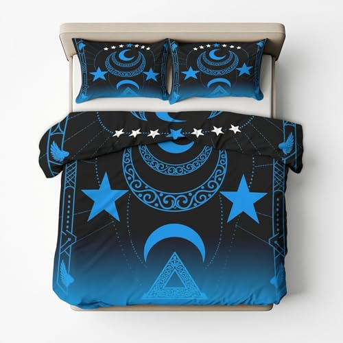 Generisch Hexe Bettwäsche 220x240 Bügelfreie - Blau Sonne Sterne Mond Muster, Renforce Wendebettwäsche Bettbezug 3-teilig Set Cozy Mikrofaser Mit Reißverschluss, 2 Kissenbezug, Geschenk Hexe, LS5788