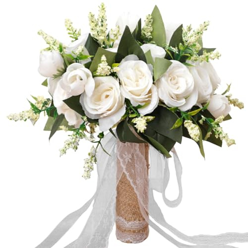 Cosiesnest Brautstrauß Hochzeits Künstliche Rosen Blumen Realistische Seidenrosen Rosen Braut Brautstrauß Falsche Rose Blumenstrauß für Haus Hochzeit Party Dekoration (Weiß A)