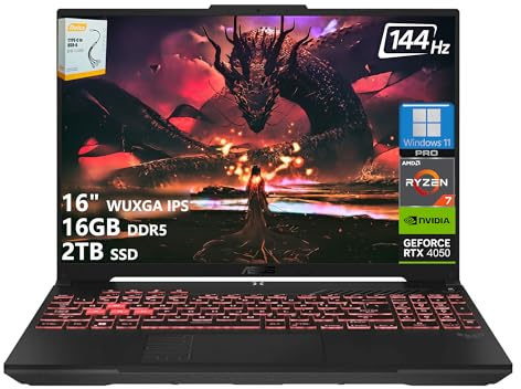 ASUS TUF A16 Gaming Laptop | 16 WUXGA IPS 144Hz | AMD 6-Core Ryzen 7 7445HS | 16GB DDR5 2TB SSD | NVIDIA GeForce RTX 4050 (194 AI Tops) | Backlit Keyboard USB 4 Wi-Fi 6 Win11 Pro w/DLCA Accessory