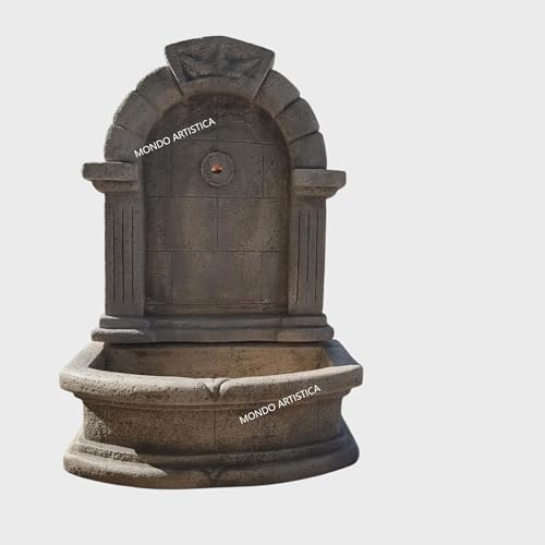 MONDO ARTISTICA Fontana da Parete, A Muro, per Giardino, In Cemento Bianco e Polvere di Marmo, Lavandino, Per esterno, Altezza 102 Cm - Larghezza 70x42 Cm Sfumato grigio