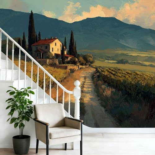 Papier Peint Panoramique 3D intissé 200 x 140 cm Jaune-Vert Campagne Rétro Ferme, Papier Peint pour Salon Chambre restaurant Chambre d’enfants et bébé Décoration Murale