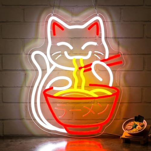 Lxmoneon Katzen Ramen Neon Schild,LED Neonschilder für Wanddekoration,USB Japanische Ramen Nudeln Neonschild,dimmbares Anime Katzen Neonlicht für Restaurant Schaufenster Zuhause Bar Küche Geschenk
