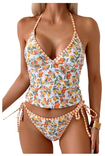 GORGLITTER Women's Lemon Print Striped Tankini Sets Halter V Neck Tankinis | Full Coverage Tankini for Women, Teens, 2 Piece, Resort Swimwear, Bikinis for Beach, Holiday, Vacation