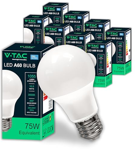 V-TAC 10x LED Glühbirne E27-10,5W - [ HOHE HELLIGKEIT ] – A60 – (Entsprechen 75W) – LED-Lampen der Neuen Generation mit Energieeinsparung – 1055 Lumen – Licht 3000K Warmweiß