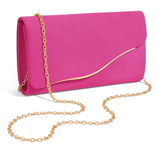 XquiziFit Clutch Purses for Women Formal Evening Clutch with Detachable Chain Faux Suede Purse for Wedding Party Rose Red