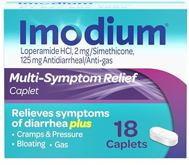 Imodium Multi-Symptom Relief Caplets, Loperamide Hydrochloride & Simethicone Anti-Diarrheal Medicine for the Relief of Diarrhea, Gas, Bloating, Cramps & Pressure, 18 ct