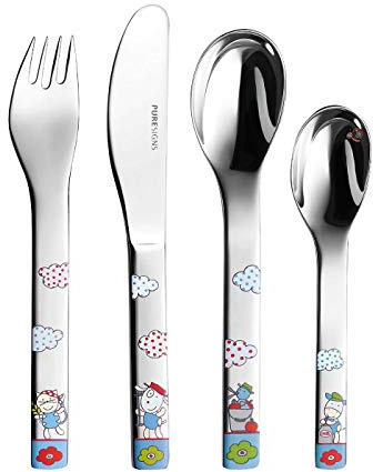 Puresigns Kinderbesteck 4-teilig FERME mit niedlichen Baunerhof Motiven aus 18/10 Edelstahl ergonomisch gestaltet