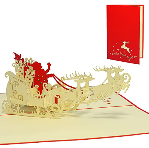 LINPOPUP®, POP UP Karten 3D Grußkarten Klappkarten Weihnacht Weihnachtskarten Weihnachtsmann mit Geschenke auf Schlitten, N420