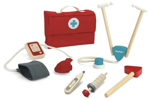 PlanToys Arztkoffer Kinder Holz - Doktorkoffer Kinder mit 5 medizinischen Geräten und einem praktischen Arztkoffer - Holzspielzeuge Doktor ab 3 Jahre