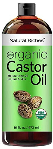 Natural Riches Organic Castor Oil - Cold Pressed, USDA Certified for Hair Growth, Thicker Eyelashes, Eyebrows - Moisturizes Dry Skin and Hair, Helps with Dandruff - Hexane-Free, 16 fl. oz.