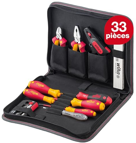Wiha Werkzeug Set Elektriker 33-tlg. inkl. Werkzeugmappe I kompakte Grundausstattung in Werkzeugtasche mit Tragegriff (41241)