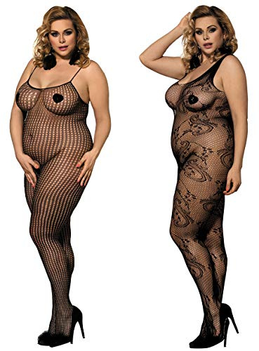 LOVELYBOBO 2 Pack Womens Plus Size Fishnet Bodystockings Striped Lingerie Crotchless Bodysuits Tights Suspenders Black