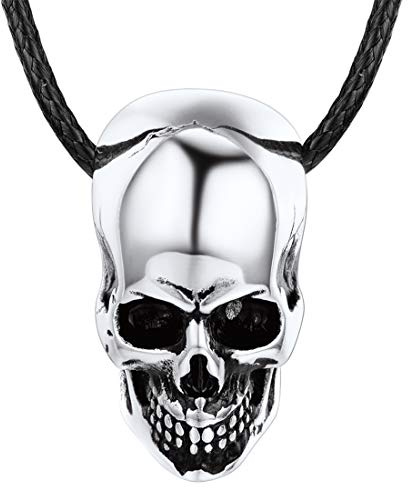 U7 Herren Kette Klassischer Totenkopf Skull Anhänger Halskette Edelstahl Biker Gotik Schädel mit Lederkette Punk Rock Halsband Schmuck für Jungen(silber)