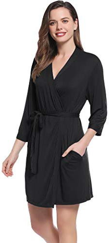 Amorbella Soft Bamboo Dressing Gown Womens Summer Thin Lightweight Short Bath Robe for Travelling (Black, X-Large)