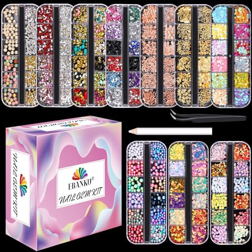 EBANKU Nagelkonst strass, nageldubbar ädelstenar nageldiamanter nagelkonst kristall nageljuveler med pick-up-pincett för nagelkonstdekoration (10 lådor)