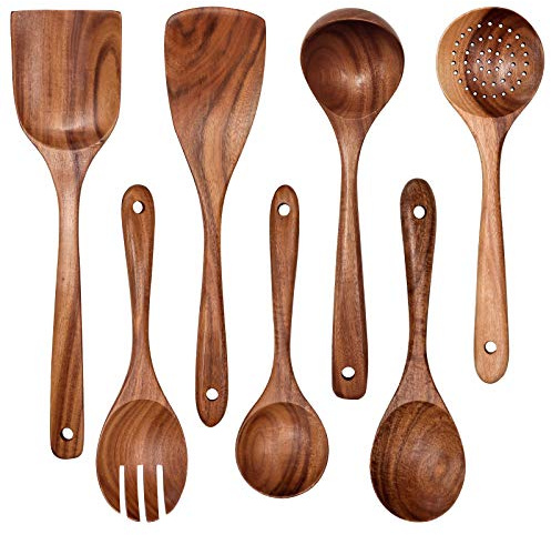 Wooden Non-Stick Kitchen Pan Toolset 7 Pieces Set, Natural Kitchen Utensils Spatula, Wooden Cooking Utensils Spoons, Fried Spatula and Salad Fork