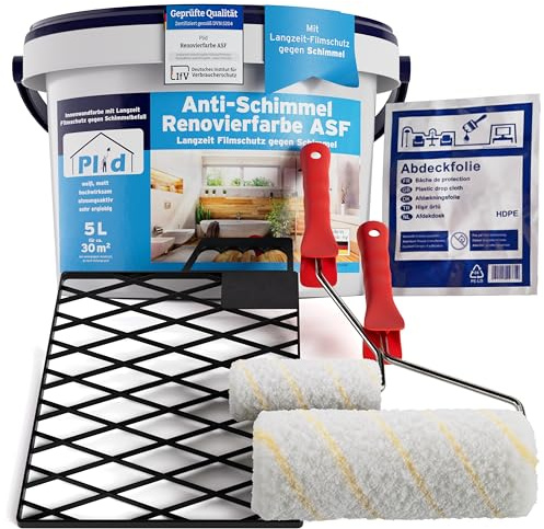 Plid Anti Schimmelfarbe Renovierfarbe Streichset Weiß Matt 5 l | Anti Schimmel Feuchtraumfarbe | Badezimmer & Küche | inkl. 6-tlg. Streichset | Wandfarbe | Hochdeckend | ca. 30 m²