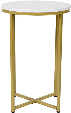 Flash Furniture Hampstead Collection Beistelltisch – Moderner Beistelltisch mit weißem Marmor-Finish – Crisscross matt goldfarbener Rahmen