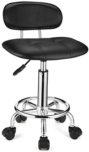 HMTOT Eckiger Rollhocker mit Lehne, höhenverstellbar, Drehhocker mit Rollen, Schwarz