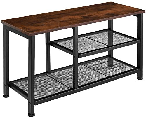 tectake 800949 Schuhregal schmal mit Sitzfläche, Schuhbank aus Holz und Metall, Industrie-Design, 3 Ebenen mit 2 Gitterablagen, 80 x 30 x 45,5 cm, schwarzes Metallgestell (Dunkelbraun | Nr. 404281)