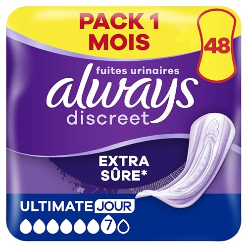 Always Discreet Extra Sûre, 48 Serviettes Hygiéniques Incontinence Femme, Ultimate Jour 6 Gouttes, Protection Absorbante pour Fuites Urinaires Importantes de Jour, Pack 1 Mois