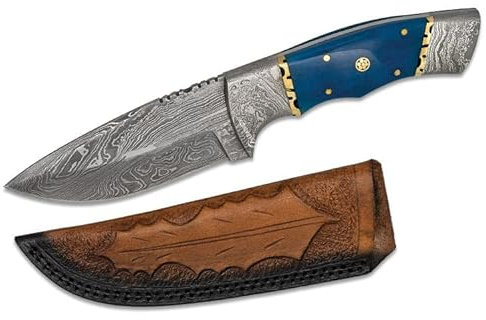 Cuchillo Damasco funda de Piel, con hoja de acero damasco de 10.80 cm y empuñadura de hueso azul Caza, Pesca, Camping, Outdoor, Supervivencia y Bushcraft + Portabotellas de regalo