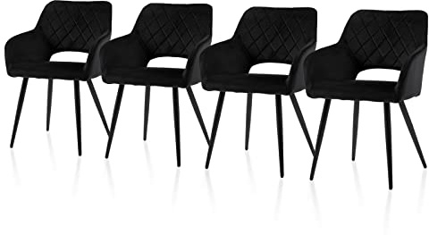 TUKAILAI Esszimmerstühle 4er Set aus Samt, Küchenstuhl Polsterstuhl mit Offener Rückenlehne,Armlehnen,Gepolstertem Sitz, Metallbeinen, Stühle für Wohnzimmer,Esszimmer,Küche (4, Schwarz)