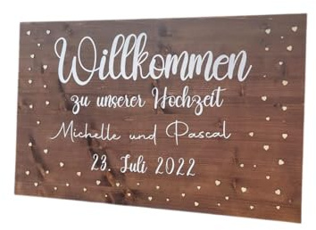 Gedankenwunder Manufaktur Großes Willkommensschild 50x80cm für Hochzeit, mit Holz Herzen Hochzeitsschild aus Holz mit Name personalisiert