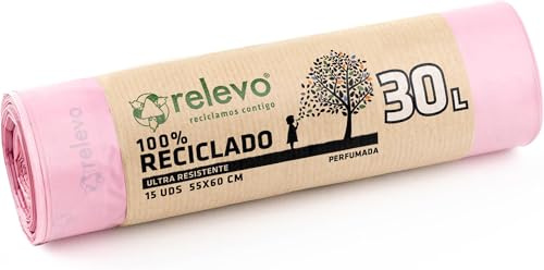 Relevo 100% Recycled Scented Bin Liners, Heavy Duty 30L, 15 Bin Bags (Pack of 5)