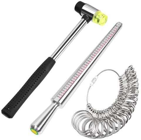 Mardatt 3Pcs Ring-Sizer Measurement Tool, Including Rings Mandrel Measuring Tool, Ring Gauge Finger Sizer & Rubber Hammer for Man Women Jewelry Making