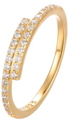 Eleganter 925 Silber Ring 18K vergoldet mit Zirkonia Steinen in Geschenk Box - Größen 50, 52, 54, 56, 58, 60 - Damen Ring Gold Wasserfest - Goldschmuck Sterling Silber - Porto (52)