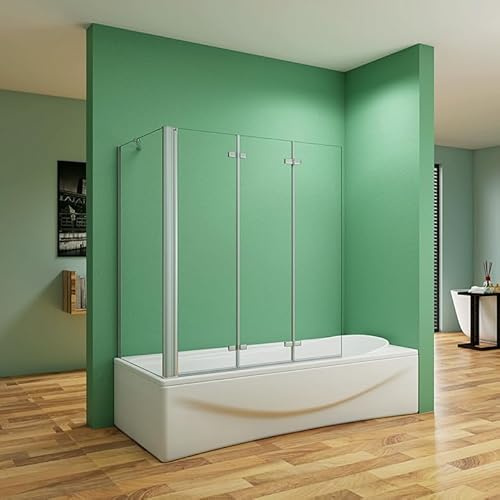 Aica Sanitär Badewannenaufsatz Eck Duschwand Badewanne 3-tlg.Faltwand mit Seitewand 6mm Nano Glas H140cm,130x80cm