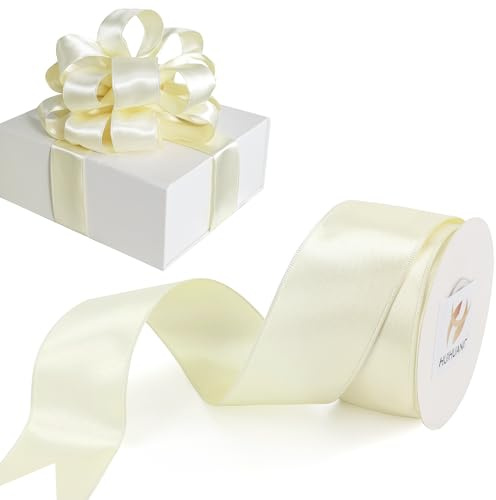 HUIHUANG Ivory Satin Wired Ribbon 1-1/2 inch Double-Sided Satin Wire Edge Ribbon for Bows, Gift Wrapping, Wreaths, Garland, Wedding Decorations, Home Decor, Christmas Tree-Continous 10 Yards