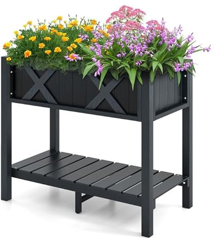 COSTWAY Hochbeet mit Ablage, erhöhtes Blumenbeet Holz, Pflanzkübel mit Drainagelöchern, Pflanzkasten Kräuterbeet Pflanztrog Gartenbeet, Anzuchtbeet für Balkon Garten Balkon, 86x45x73 cm (Schwarz)