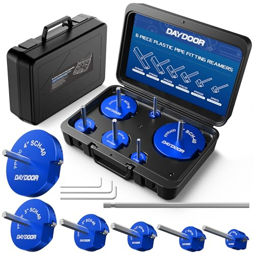 DAYDOOR PVC Pipe Reamer Kit, PVC Fitting Saver Contains 3/4'', 1'', 1-1/2'', 2'', 3'', 4'' Plumbing Tool Fit into Standard 1/2 Drill, for Sch. 40 PVC, CPVC or ABS Socket Hub Removing-6PCS