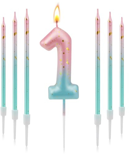 Geburtstagskerzen Zahlen 1, 3D Farbverlaufs Kerzen Geburtstag | Geburtstagskerzen Kinder Rosa Blauer Farbverlauf, Zahlenkerze für Kinder Jungen Mädchen Geburtstags Jubiläum, Kerze 1
