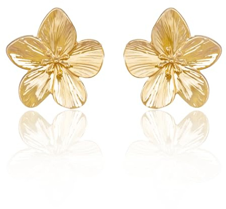 GAUEIOUR Gold Big Flower Earrings Vintage Boho Stud Five-Petal Flower Earring Drop Dangle Alloy for Woman Wedding Party Hypoallergenic Jewelry
