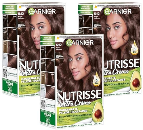 Garnier Nutrisse Crème Cool Browns, dauerhafte Pflege-Haarfarbe, 100% Grauabdeckung, 8 Wochen sanfte Farbe, 5.12 Kühles Hellbraun, 3er Pack