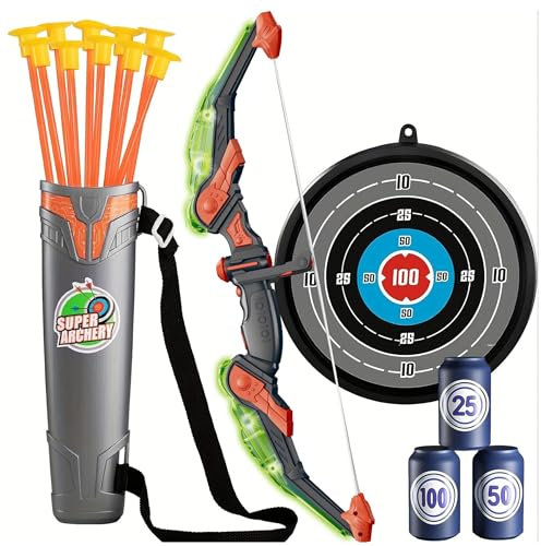 UUE Pfeil Und Bogen Kinder, Pfeil Und Bogen Set Mit Led Licht, Pfeil Bogen Kinder mit 10 Pfeilen, 4 Zielscheiben und Pfeiltasche, Kinder Pfeil Und Bogen Set für Kinder für den Innen- und Außenbereich