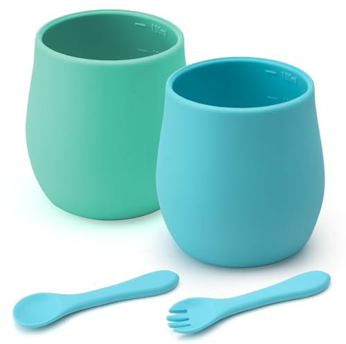 ZMDMAH 2 Pezzi silicone bicchiere bambino neonato piccola tazza bambini da 6 a 12 mesi antigoccia bicchiere di apprendimento piccola borraccia da allenamento(Blu e verde menta)