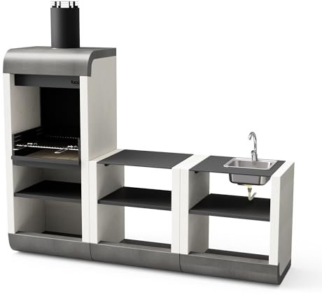 TUOZI - PACK 2 SUD – COCINA DE EXTERIOR SUD PLUS – Barbacoa Modular con Parrilla de Acero Inoxidable, Chimenea y Fregadero (243 x 60 x 220 cm)