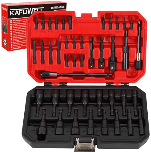 KAFUWELL 43tlg Magnet Steckschlüsselsatz 1/4, Sechskant Stecknuss, Metrische-SAE Steckschlüssel, Schraubendreher-Bit-Set, Steckschlüsseladapter, Flügelmutter-Stecknuss, mit stabilem Werkzeugkoffer