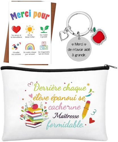 Cadeau Maîtresse d'École - Set Pochette Tissu & Porte-Clés | Trousse de Rangement Maquillage et Accessoire Pratique | Idée Cadeau Fin d'Année Scolaire & Remerciement Enseignant