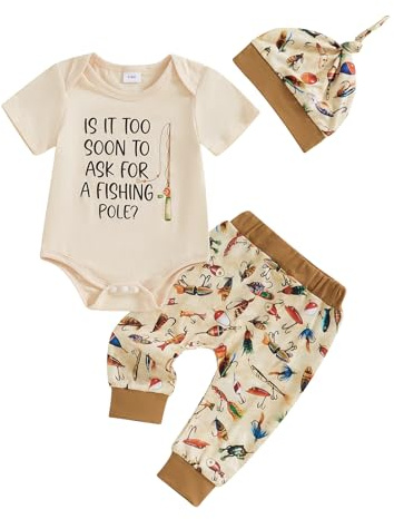 Baby Boy Fishing Clothes Retro Bodysuit Tackle Box Lures Fish Pants Hat Cute 3Pcs Newborn Coming Home Outfit Summer (Beige, 3-6 Months)