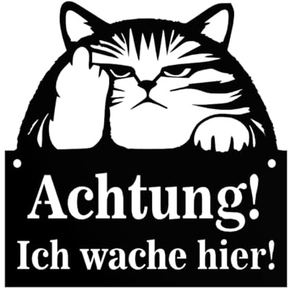 Anwicar Achtung Katze Schild - Lustiges Warnschild aus Stahl 1,5 mm - Ich Wache Hier Katzenschild für Außen - Wetterfest - Türschild für Gartenzaun - Unfreundlicher Kater - Schwarz