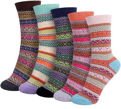 Riqiaqia 5 par vinter merino ullstrumpor damer varma tjocka färgglada termostrumpor ullstrumpor stickade strumpor mysiga och andas, damer gåva strumpor en storlek, Blandad färg 1, 36-42