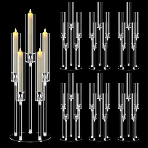 6 Sets 5 Arm Acrylic Candelabra Centerpieces, MSDADA 68 cm Tall Clear Candle Holder, Christmas Centerpieces for Tables, Candlesticks Holder for Wedding Fireplace Party Decor Fit 0.82'' LED Candle