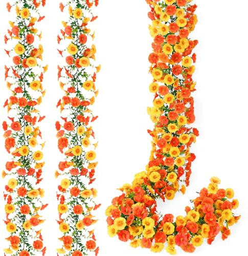 DEMIUKO 2 Stück Herbst Blumengirlande Künstlich Blumen Orange Herbstblumen | Herbstblumen Girlande, Herbst Kunstblumen wie echt, Morning Glory Herbstgirlande, Seidenblumen, Erntedank Party Balkon Deko